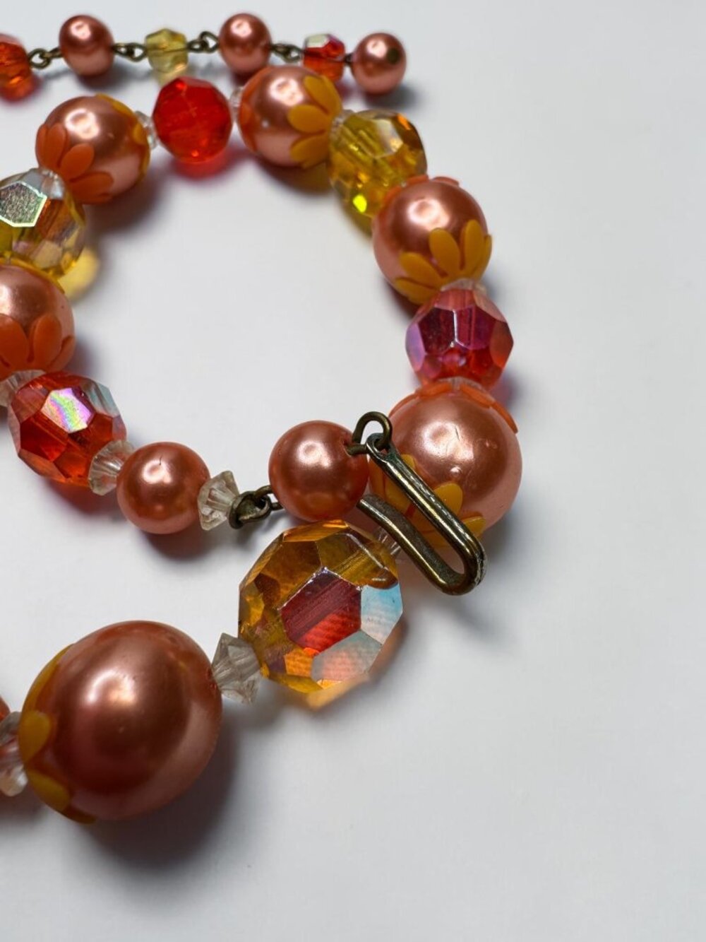 Necklace Earrings Set Orange Faux Pearl Crystal Cluster Beaded Vintage 1960s - Picture 3 of 9